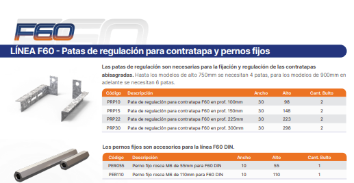 F60 — Patas de regulación para contratapa y pernos fijos